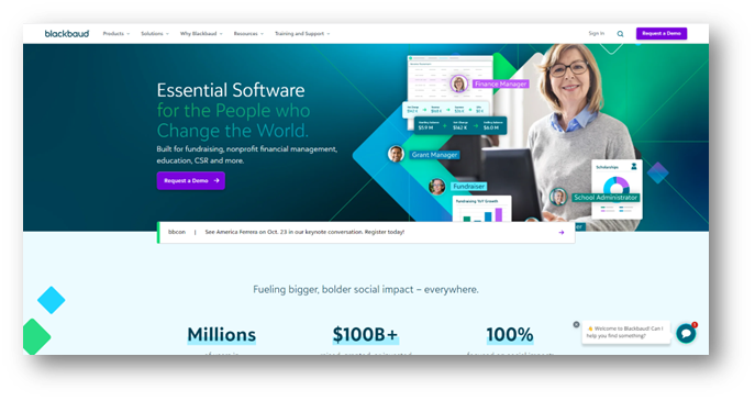 Blackbaud, a good nonprofit CRM option for nonprofits with big databases.